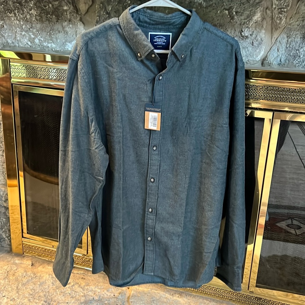 NWT Charles Tyrwhitt men’s forest green Dobby flannel long sleeved shirt